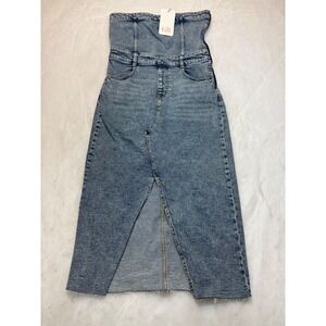 GB Strapless Denim Maxi Dress Corset Waist High Slit Acid Wash Blue